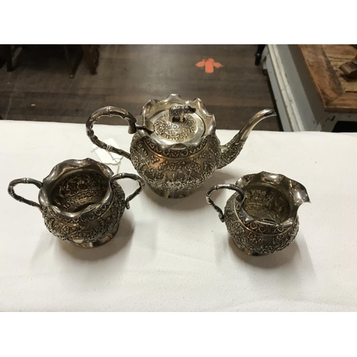 372 - WHITE METAL ORIENTAL  3 PIECE TEA SET A/F AND 2 PLATED VEGETABLE DISHES WITH COVERS