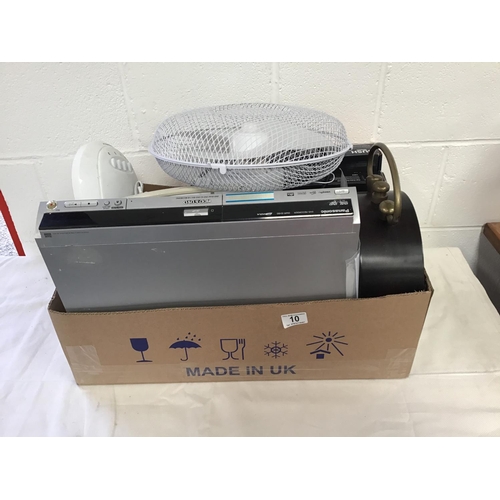 10 - BOX OF ELECTRICAL ITEMS TO INCLUDE - FAN, BUSH RADIO, DVD, CLOCK ETC
