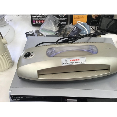 10 - BOX OF ELECTRICAL ITEMS TO INCLUDE - FAN, BUSH RADIO, DVD, CLOCK ETC