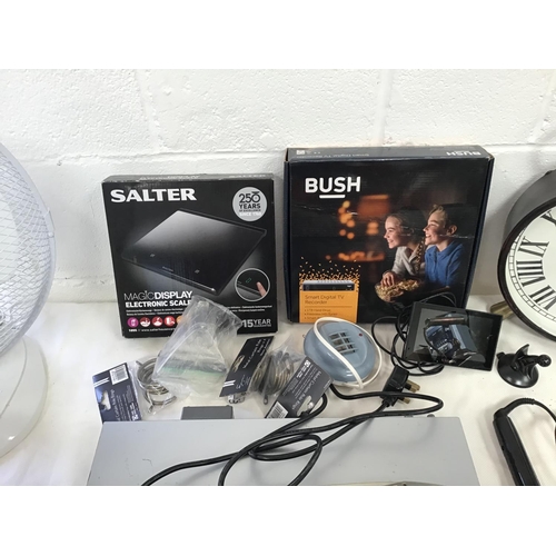 10 - BOX OF ELECTRICAL ITEMS TO INCLUDE - FAN, BUSH RADIO, DVD, CLOCK ETC