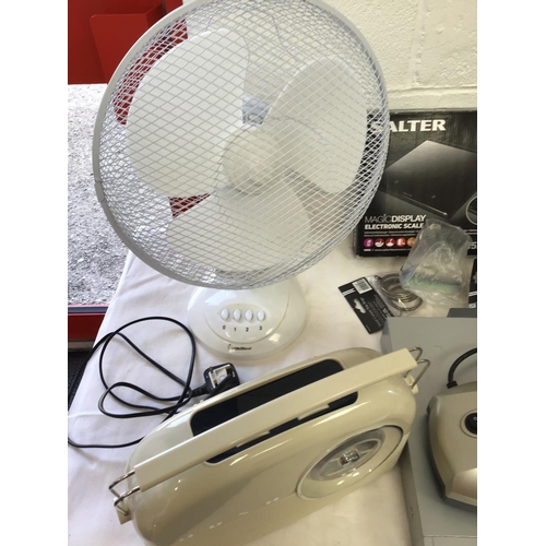 10 - BOX OF ELECTRICAL ITEMS TO INCLUDE - FAN, BUSH RADIO, DVD, CLOCK ETC
