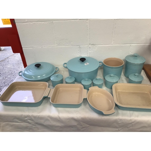 11 - QTY OF BLUE LE CREUSET COOKWARE, TABLE WARE AND STORAGE JARS