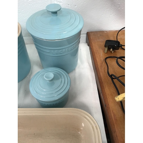 11 - QTY OF BLUE LE CREUSET COOKWARE, TABLE WARE AND STORAGE JARS