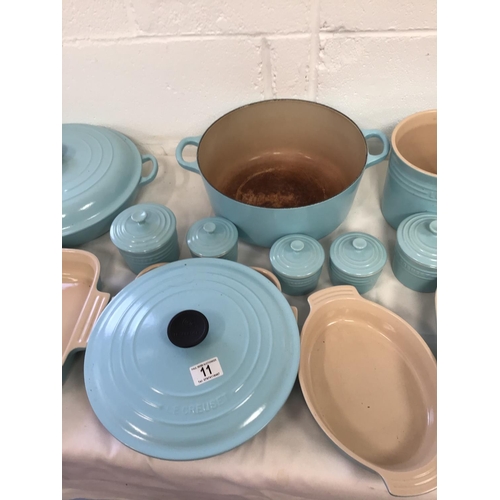11 - QTY OF BLUE LE CREUSET COOKWARE, TABLE WARE AND STORAGE JARS