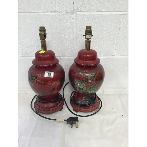 15 - PAIR OF CHINESE STYLE LAMP BASES DECORATED WITH BIRDS & FOILAGE