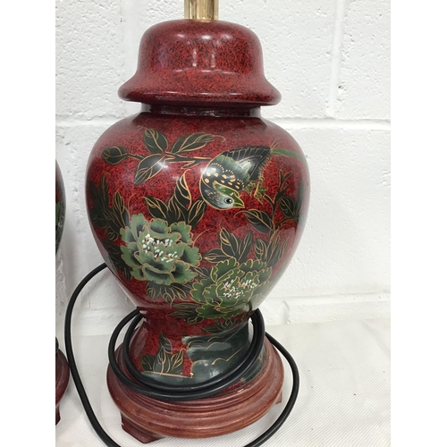 15 - PAIR OF CHINESE STYLE LAMP BASES DECORATED WITH BIRDS & FOILAGE
