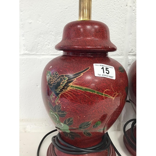 15 - PAIR OF CHINESE STYLE LAMP BASES DECORATED WITH BIRDS & FOILAGE