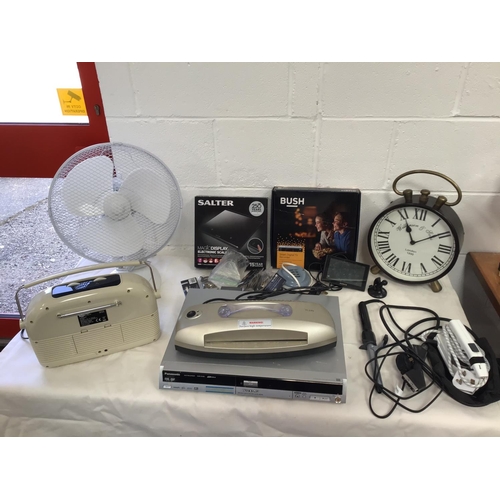 10 - BOX OF ELECTRICAL ITEMS TO INCLUDE - FAN, BUSH RADIO, DVD, CLOCK ETC