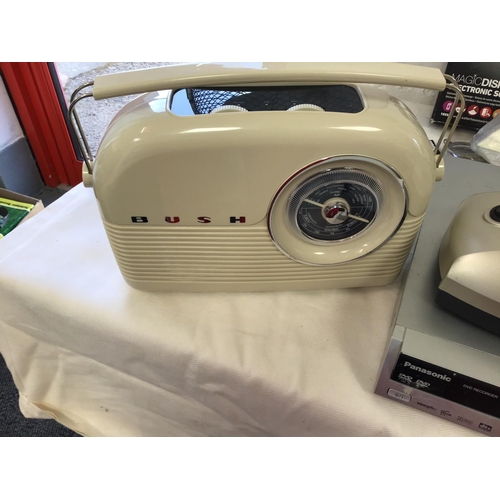 10 - BOX OF ELECTRICAL ITEMS TO INCLUDE - FAN, BUSH RADIO, DVD, CLOCK ETC