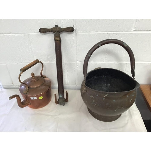 8 - LARGE VICTORIAN COPPER KETTLE, STIRRUP PUMP AND COPPER COAL SCUTTLE