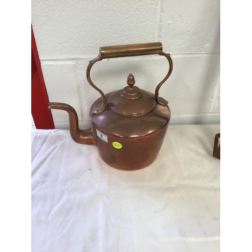 8 - LARGE VICTORIAN COPPER KETTLE, STIRRUP PUMP AND COPPER COAL SCUTTLE