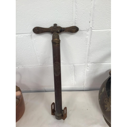 8 - LARGE VICTORIAN COPPER KETTLE, STIRRUP PUMP AND COPPER COAL SCUTTLE