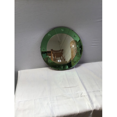 25 - ART DECO WALL CIRCULAR WALL MIRROR WITH GREEN GLASS SURROUND - DIA 20