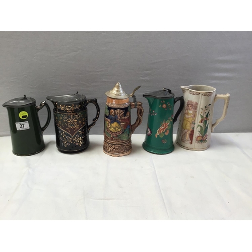 27 - 4 VICTORIAN WATER JUGS, GERMAN STEIN