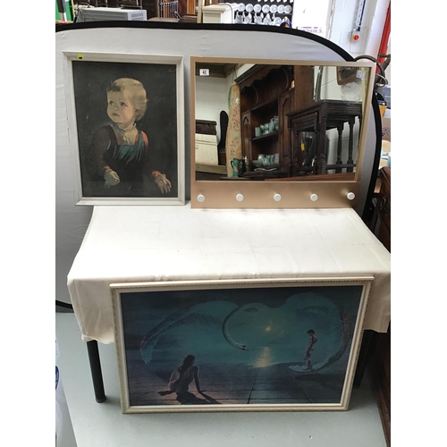 42 - 2 VINTAGE FRAMED PICTURES & HALL MIRROR