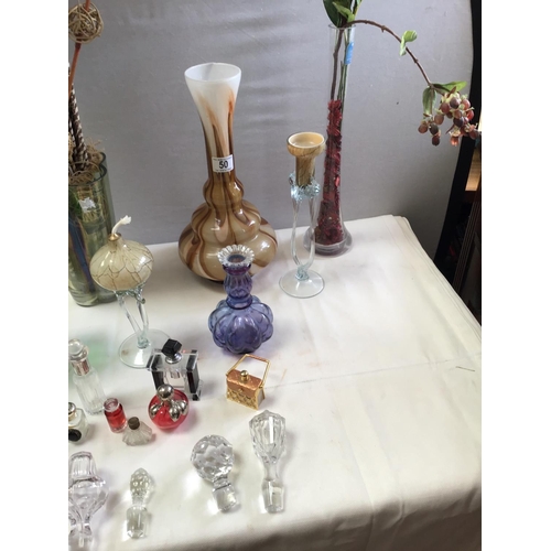 50 - QTY OF ART GLASS VASES, PERFUME BOTTLES ETC