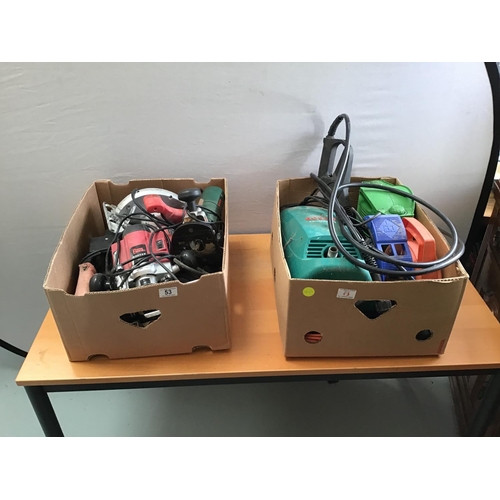 53 - 2 BOXES OF TOOLS - TO INCLUDE ROUTERS, CIRC SAW, BELT SANDER, PRESSURE WASHER ETC
