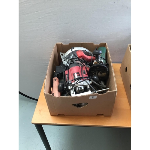 53 - 2 BOXES OF TOOLS - TO INCLUDE ROUTERS, CIRC SAW, BELT SANDER, PRESSURE WASHER ETC
