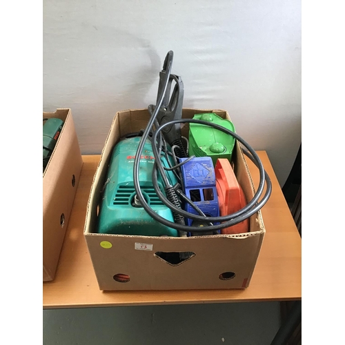 53 - 2 BOXES OF TOOLS - TO INCLUDE ROUTERS, CIRC SAW, BELT SANDER, PRESSURE WASHER ETC