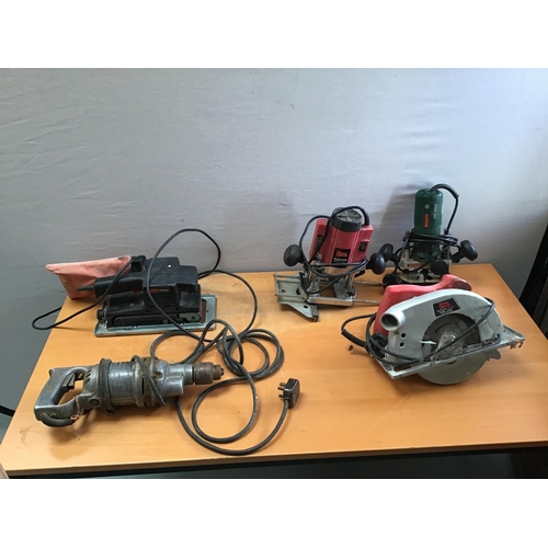 53 - 2 BOXES OF TOOLS - TO INCLUDE ROUTERS, CIRC SAW, BELT SANDER, PRESSURE WASHER ETC