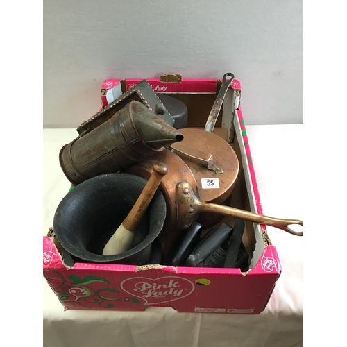 55 - QTY OF CAST IRON FLAT IRONS , MORTAR & PESTLE , SAUCEPAN VINTAGE BEE SMOKER, 2 EARLY COPPER PANS