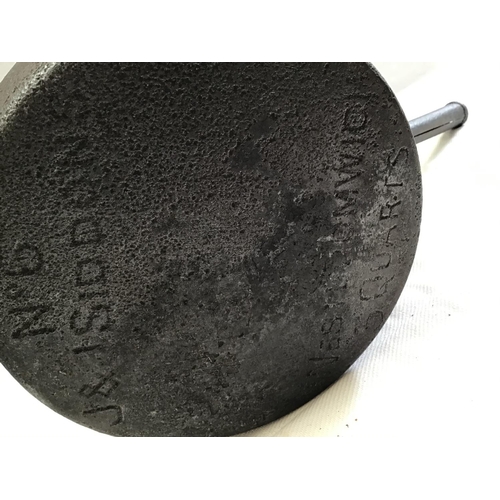 55 - QTY OF CAST IRON FLAT IRONS , MORTAR & PESTLE , SAUCEPAN VINTAGE BEE SMOKER, 2 EARLY COPPER PANS