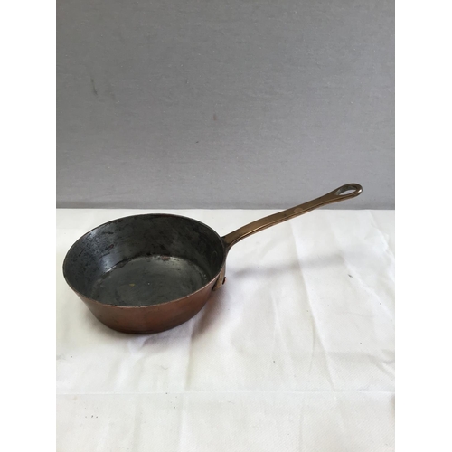 55 - QTY OF CAST IRON FLAT IRONS , MORTAR & PESTLE , SAUCEPAN VINTAGE BEE SMOKER, 2 EARLY COPPER PANS
