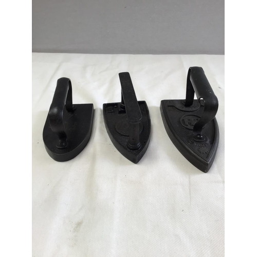 55 - QTY OF CAST IRON FLAT IRONS , MORTAR & PESTLE , SAUCEPAN VINTAGE BEE SMOKER, 2 EARLY COPPER PANS