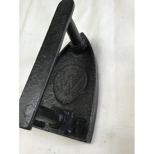 55 - QTY OF CAST IRON FLAT IRONS , MORTAR & PESTLE , SAUCEPAN VINTAGE BEE SMOKER, 2 EARLY COPPER PANS