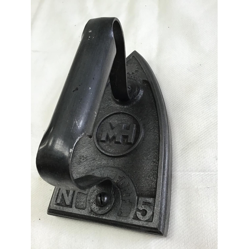 55 - QTY OF CAST IRON FLAT IRONS , MORTAR & PESTLE , SAUCEPAN VINTAGE BEE SMOKER, 2 EARLY COPPER PANS