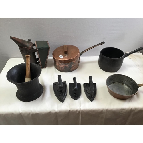 55 - QTY OF CAST IRON FLAT IRONS , MORTAR & PESTLE , SAUCEPAN VINTAGE BEE SMOKER, 2 EARLY COPPER PANS