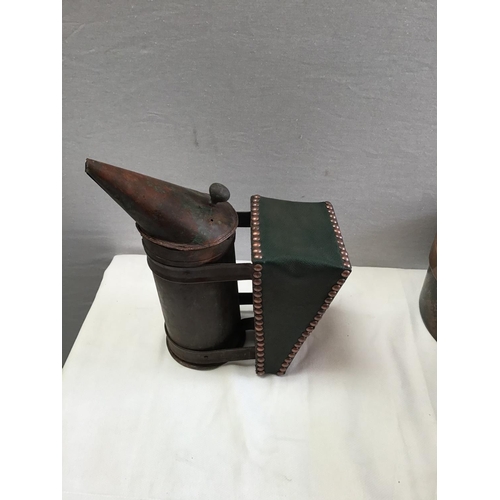 55 - QTY OF CAST IRON FLAT IRONS , MORTAR & PESTLE , SAUCEPAN VINTAGE BEE SMOKER, 2 EARLY COPPER PANS