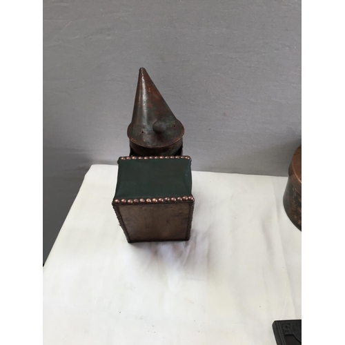 55 - QTY OF CAST IRON FLAT IRONS , MORTAR & PESTLE , SAUCEPAN VINTAGE BEE SMOKER, 2 EARLY COPPER PANS