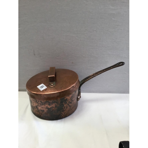 55 - QTY OF CAST IRON FLAT IRONS , MORTAR & PESTLE , SAUCEPAN VINTAGE BEE SMOKER, 2 EARLY COPPER PANS