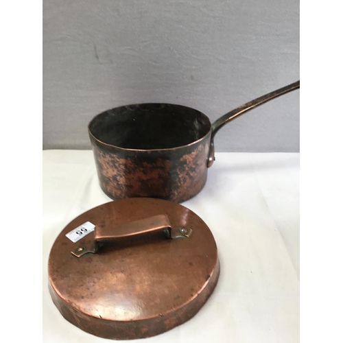 55 - QTY OF CAST IRON FLAT IRONS , MORTAR & PESTLE , SAUCEPAN VINTAGE BEE SMOKER, 2 EARLY COPPER PANS
