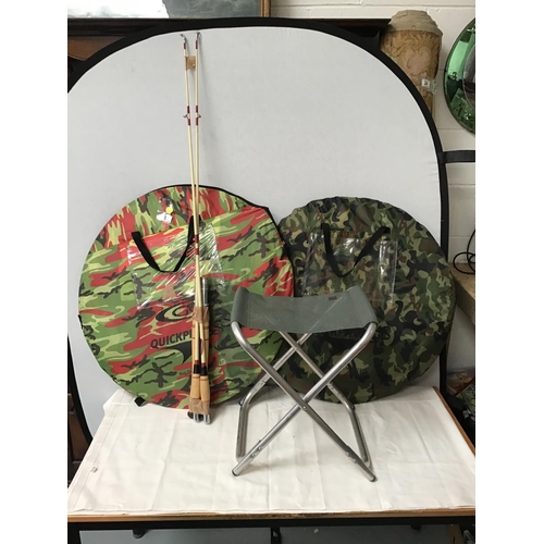 58 - 2 POP UP TENTS, FOLDING STOOL, 2 FISHING RODS