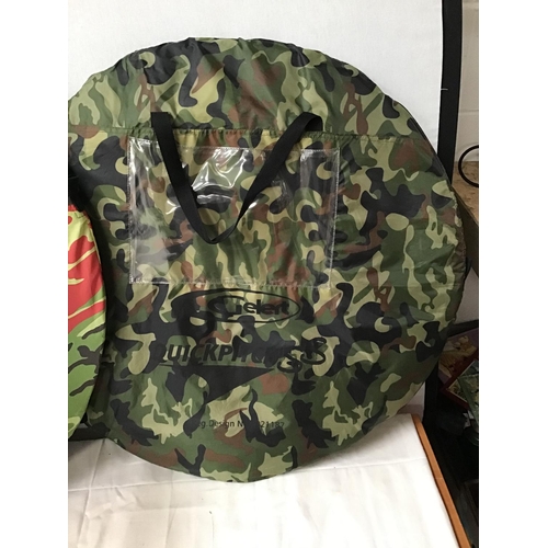 58 - 2 POP UP TENTS, FOLDING STOOL, 2 FISHING RODS