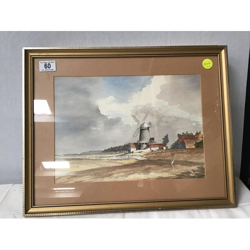 60 - FRAMED WATERCOLOUR OF WINDMILL SIGNED R CLEMENTS & FRAMED WATERCOLOUR OF CONWY NORTH WALES