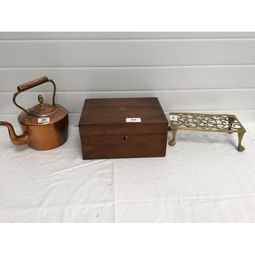 20 - VICTORIAN BRASS TRIVET, VICTORIAN COPPER KETTLE & WRITING BOX (A/F)