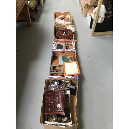 42 - 4 BOXES TO INCLUDE PHOTO FRAMES, COSTUME JEWELLERY, CHINA ETC