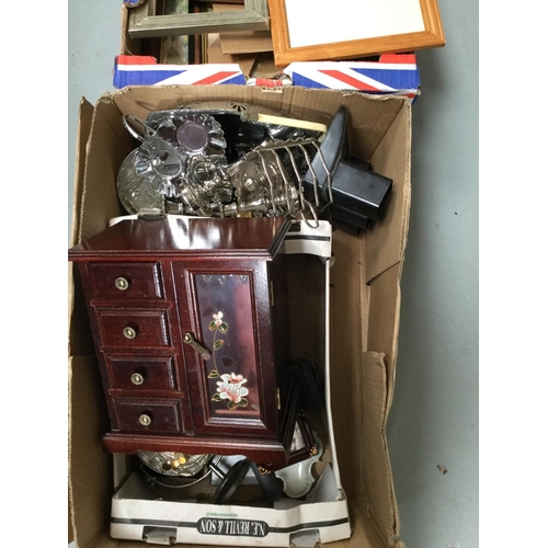 42 - 4 BOXES TO INCLUDE PHOTO FRAMES, COSTUME JEWELLERY, CHINA ETC