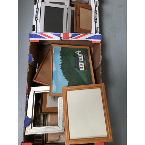 42 - 4 BOXES TO INCLUDE PHOTO FRAMES, COSTUME JEWELLERY, CHINA ETC
