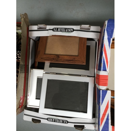 42 - 4 BOXES TO INCLUDE PHOTO FRAMES, COSTUME JEWELLERY, CHINA ETC
