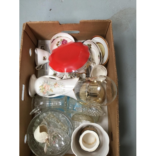 42 - 4 BOXES TO INCLUDE PHOTO FRAMES, COSTUME JEWELLERY, CHINA ETC