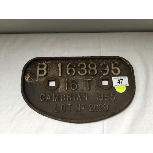 47 - CUMBRIAN 1956 LOT NO 2692 RAILWAY PLATE - 11