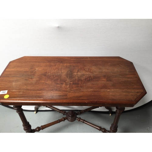 190 - VICTORIAN MAHOGANY STRETCHERED WINDOW TABLE ON CHINA AND BRASS CASTORS
36