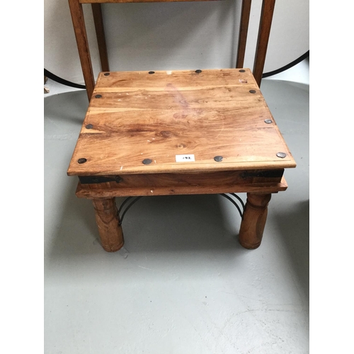 192 - VINTAGE OAK WRITING TABLE WITH DRAWER, REPRODUCTION STRETCHERED COFFEE TABLE AND ACACIA WOOD COFFEE ... 