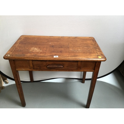 192 - VINTAGE OAK WRITING TABLE WITH DRAWER, REPRODUCTION STRETCHERED COFFEE TABLE AND ACACIA WOOD COFFEE ... 