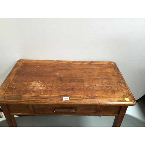 192 - VINTAGE OAK WRITING TABLE WITH DRAWER, REPRODUCTION STRETCHERED COFFEE TABLE AND ACACIA WOOD COFFEE ... 