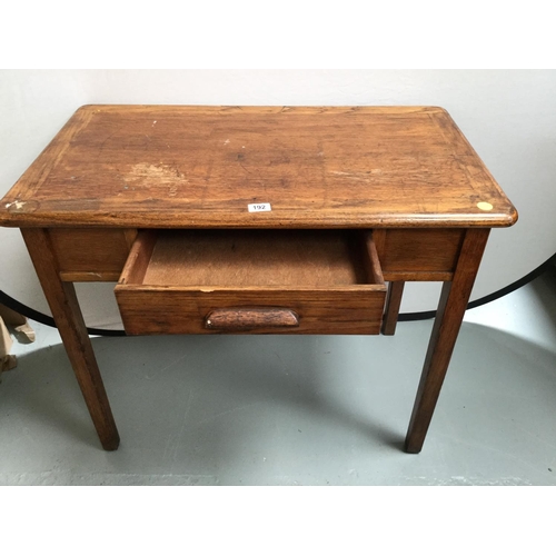 192 - VINTAGE OAK WRITING TABLE WITH DRAWER, REPRODUCTION STRETCHERED COFFEE TABLE AND ACACIA WOOD COFFEE ... 
